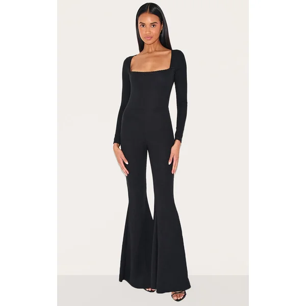 Black Ribbed Lace Trim Long Sleeve Flared Leg Jumpsuit