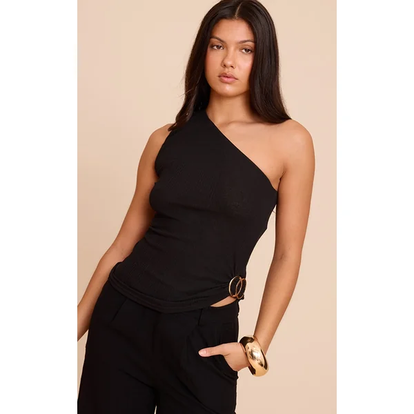 Black Ribbed Onion Skin Trim Detail One Shoulder Top
