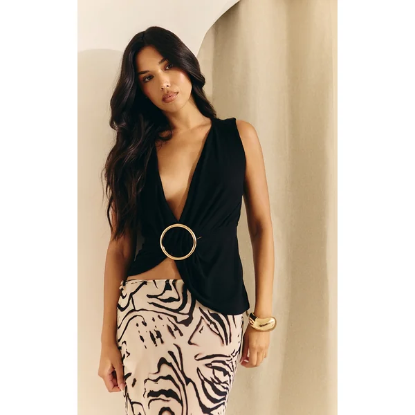 Black Ribbed Onion Skin Trim Detail Plunge Top