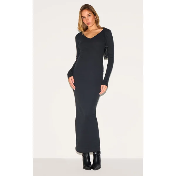 Black Ribbed V Neck Long Sleeve Maxi Dress