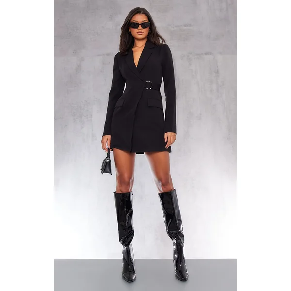 Black Ring Detail Wrap Blazer Dress