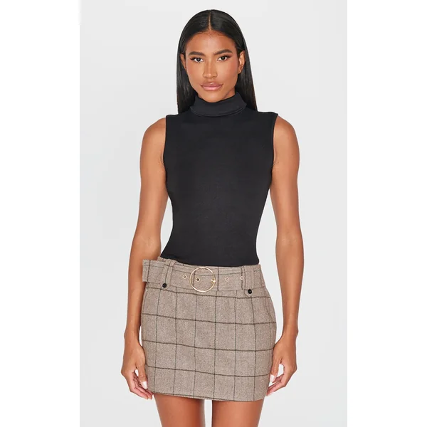 Black Roll Neck Ribbed Twill Contrast Bodycon Dress