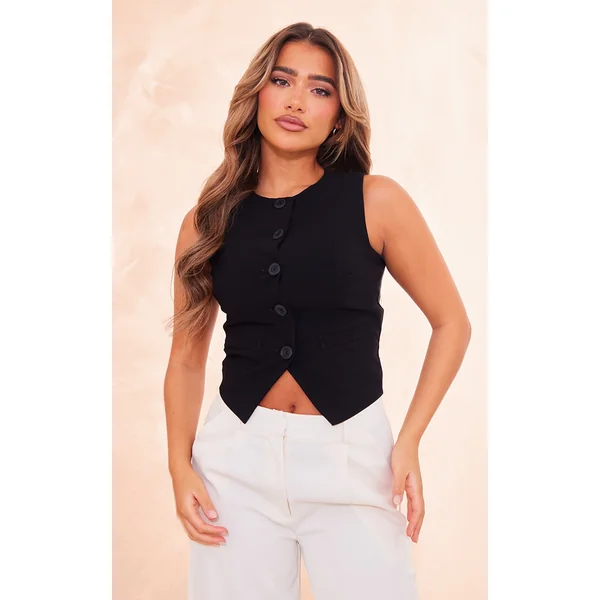 Black Round Neck Button Down Vest