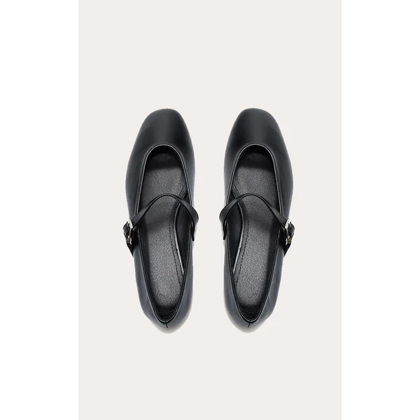 Black Round Toe Ballet Flat With Buckle Detail