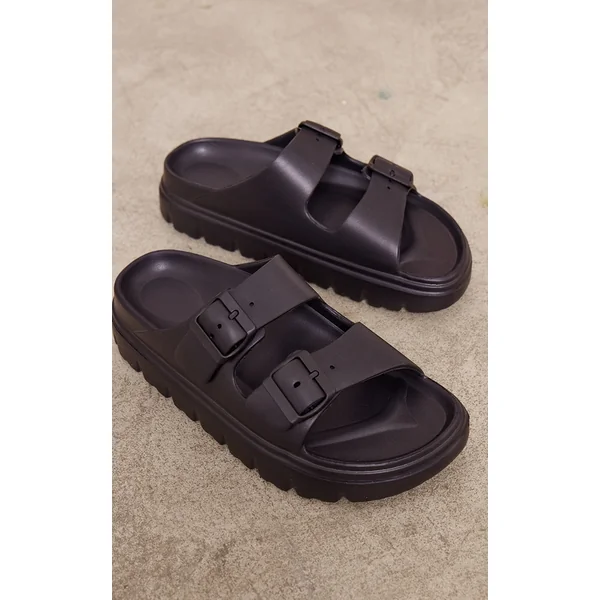 Black Round Toe Chunky Sole Buckle Detail Sandals