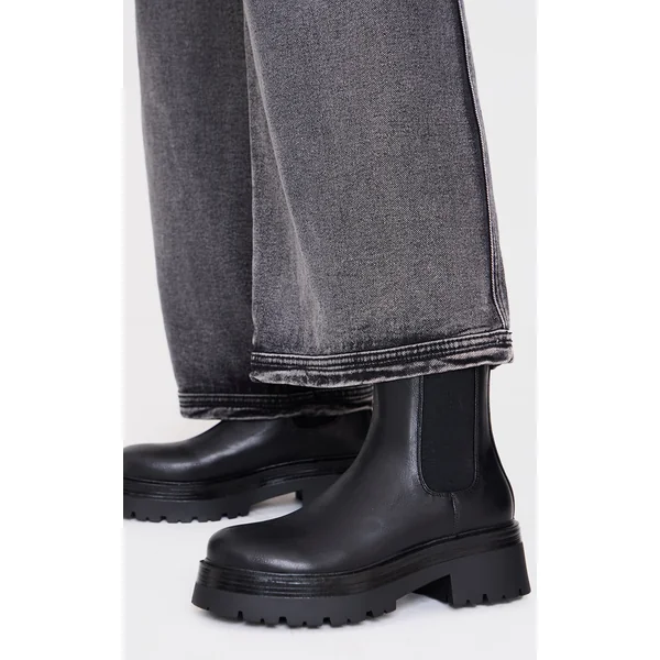 Black Round Toe Chunky Sole Elastic Chelsea Boots