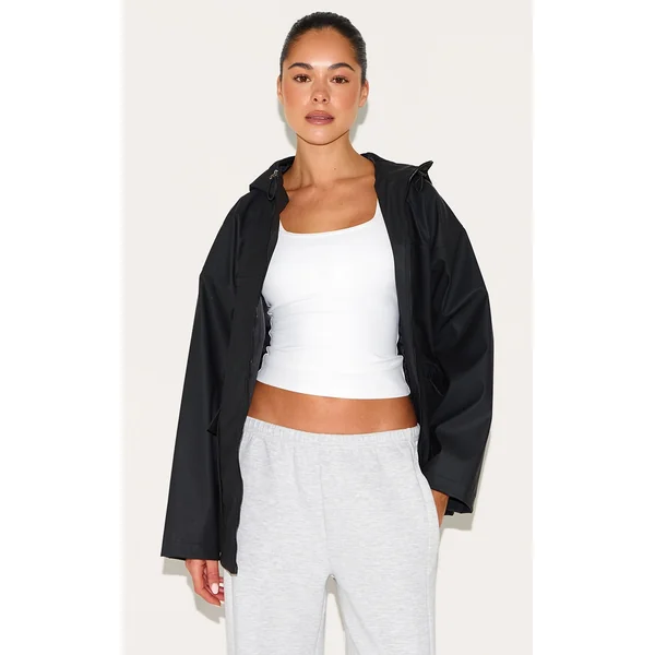 Black Rubberised Zip Up Jacket With Hood