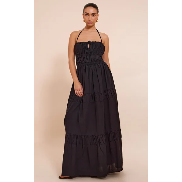 Black Ruched Backless Strappy Maxi Dress