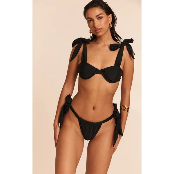 Black Ruched Bow Side Tie Bikini Bottom