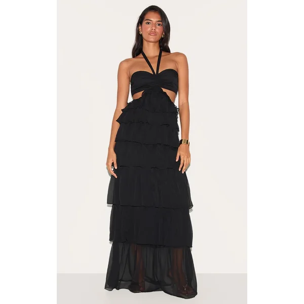 Black Ruched Bust Frill Tiered Maxi Dress