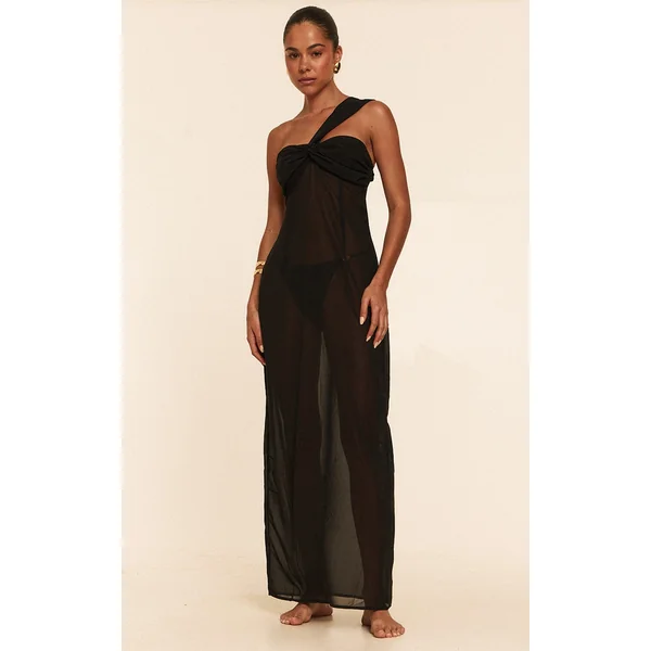 Black Ruched Chiffon Maxi Beach Dress
