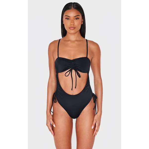 Black Ruched Cut Out Halter Tie Swimsuit