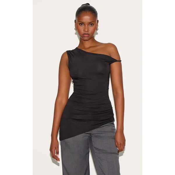 Black Ruched Detail Asymmetric Slinky Long Top