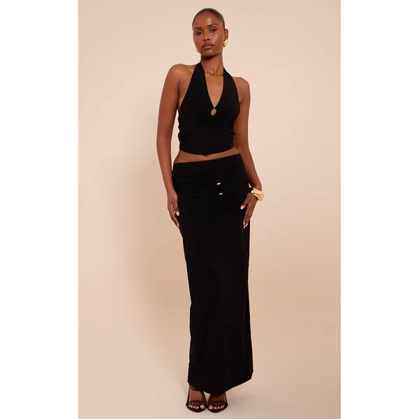 Black Ruched Detail Flowy Maxi Skirt
