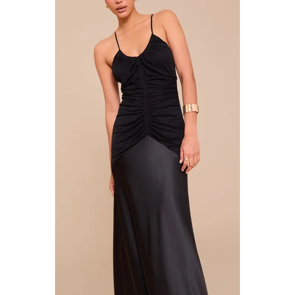 Black Ruched Detail Satin Maxi Slip Dress