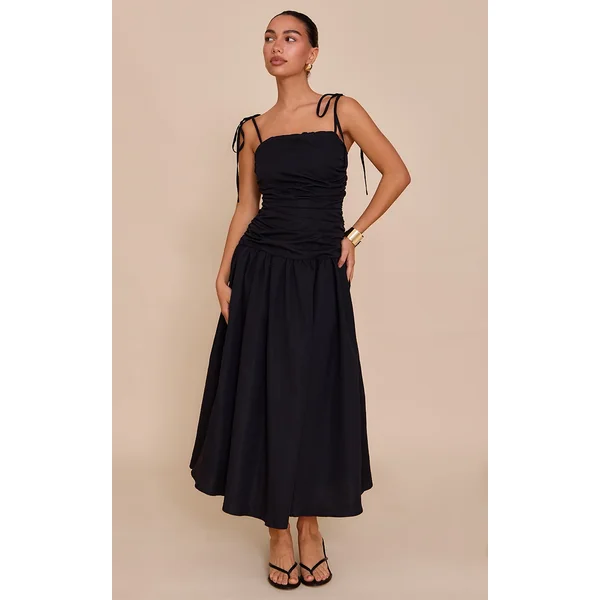 Black Ruched Detail Strappy Maxi Dress