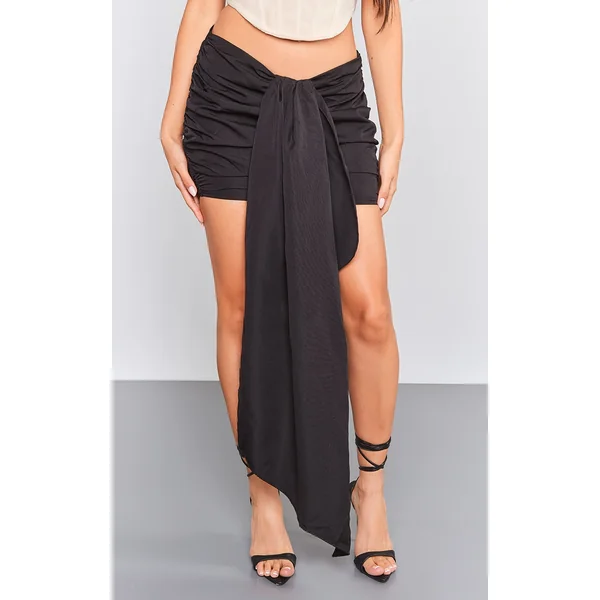 Black Ruched Drape Front Detail Mini Skirt