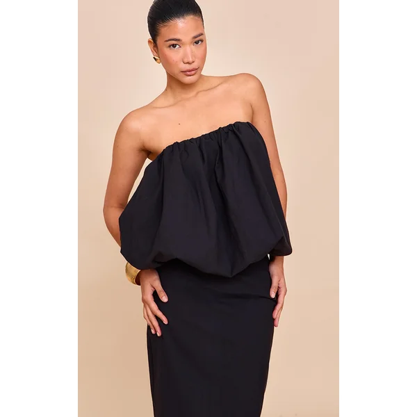 Black Ruched Longline Bandeau Top