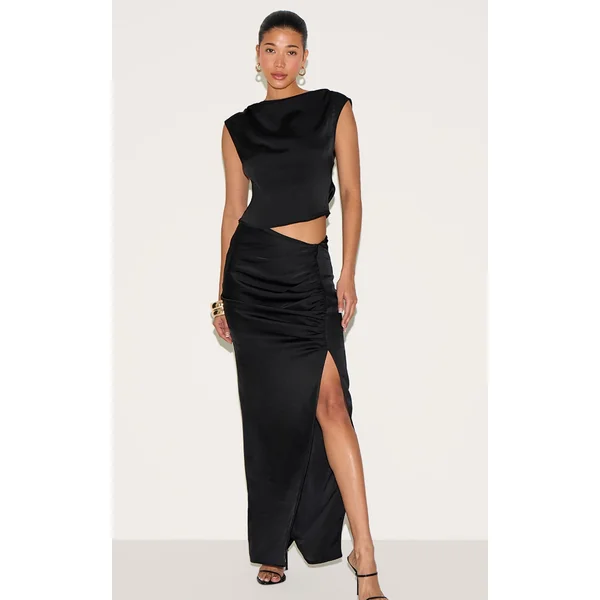 Black Ruched Satin Split Detail Maxi Skirt