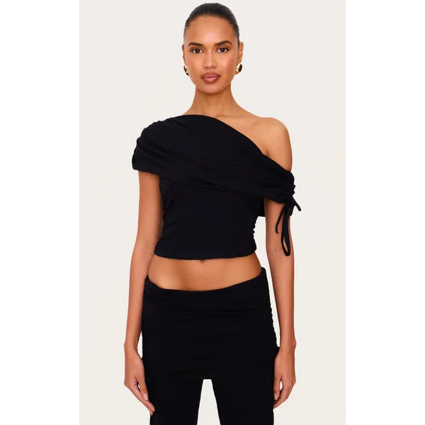 Black Ruched Side Off The Shoulder Top