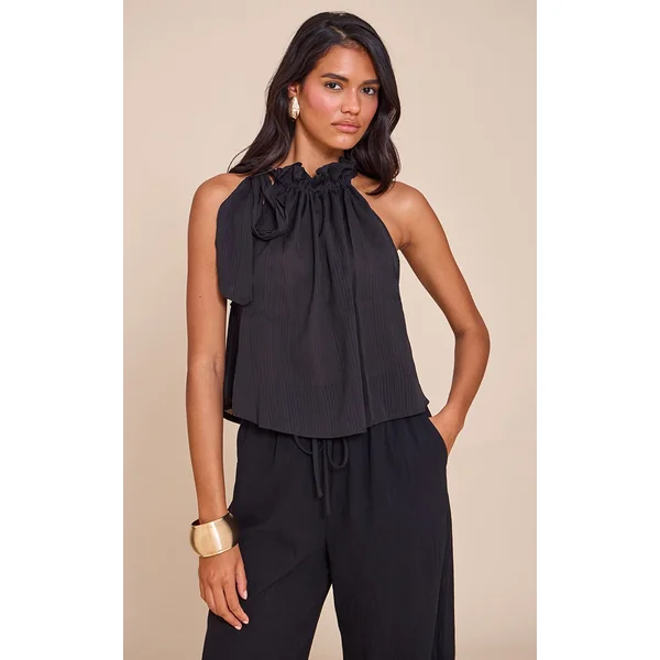 Black Ruched Tie Neck Top