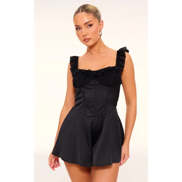 Black Ruffle Sleeve Satin Floaty Romper