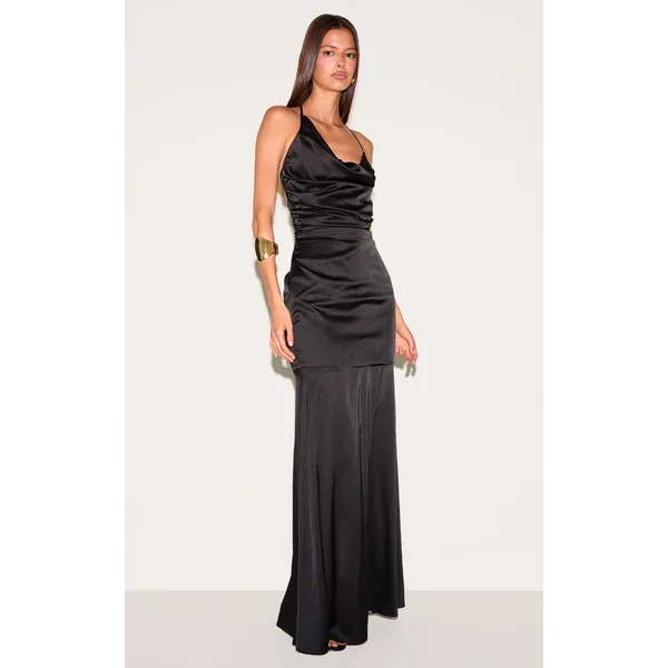 Black Satin Asymetric Drape Maxi Dress