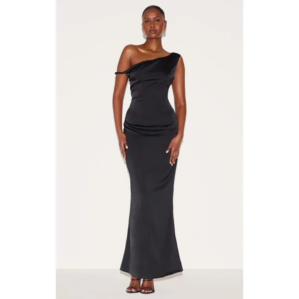 Black Satin Asymmetric Bardot Twist Maxi Dress