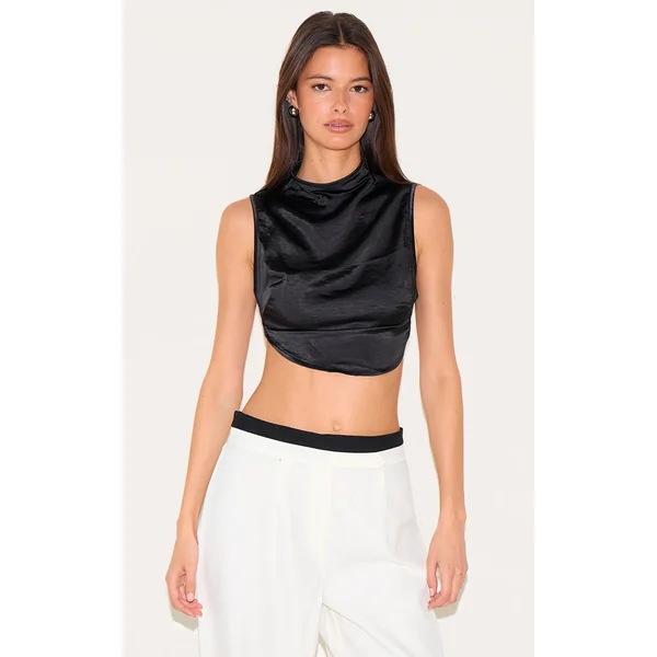 Black Satin Backless Highneck Extreme Crop Top