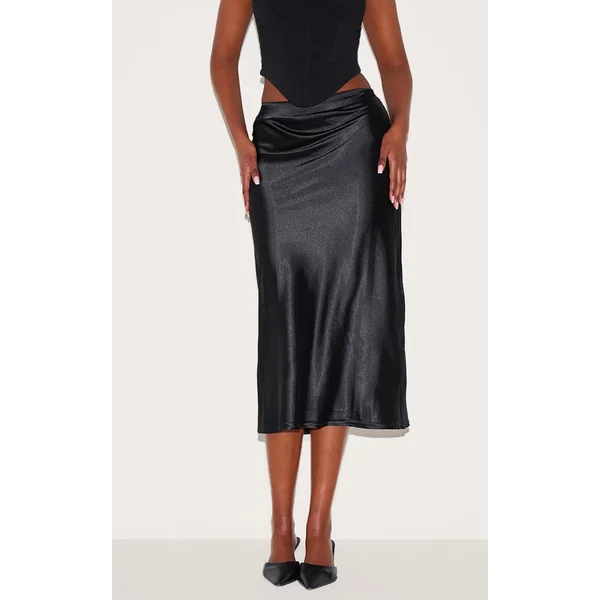 Black Satin Bias Cut Midi Skirt