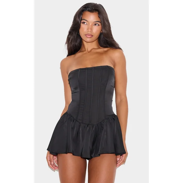 Black Satin Corset Detail Bandeau Romper