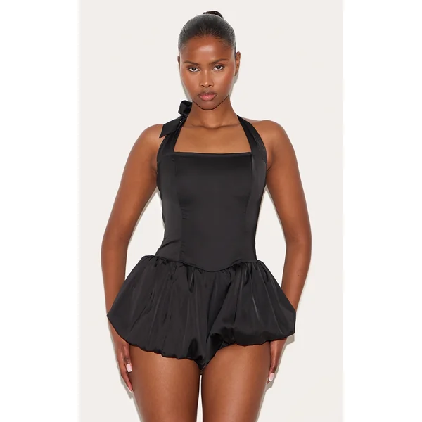 Black Satin Halter Neck Puffball Romper