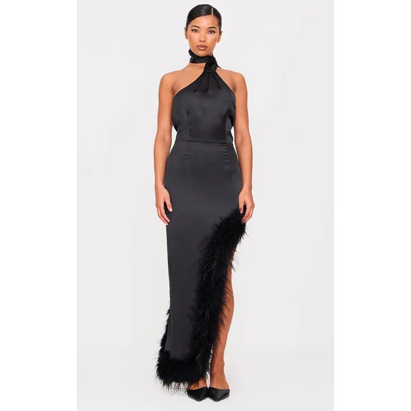 Black Satin High Neck Feather Trim Maxi Dress