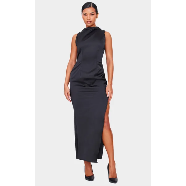 Black Satin High Neck Ruched Back Detail Midi Dress