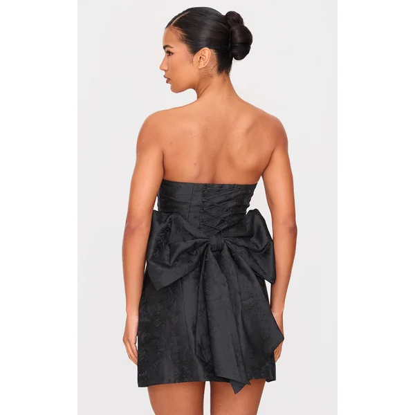 Black Satin Jacquard Floral Oversized Bow A Line Shift Dress