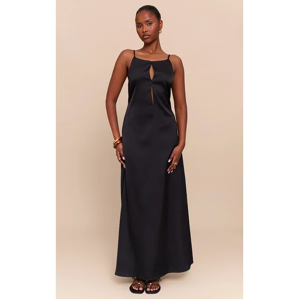 Black Satin Keyhole Cut Out Slip Dress
