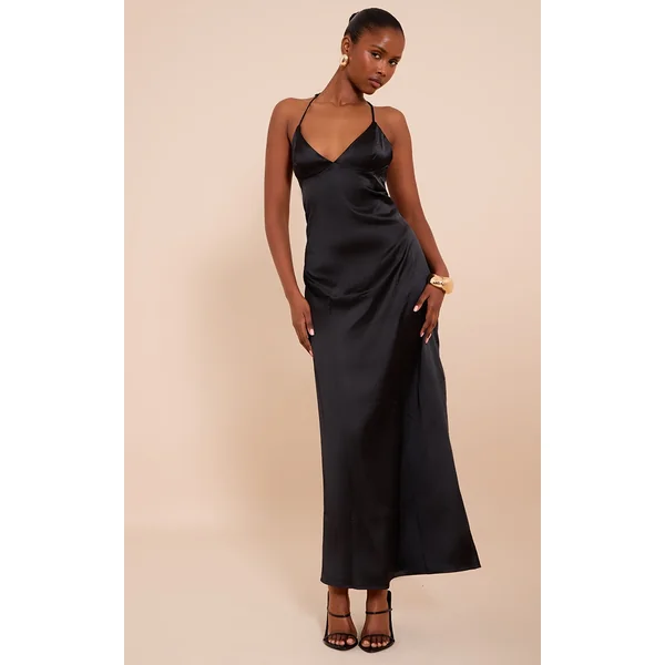 Black Satin Lace Up Back Maxi Slip Dress