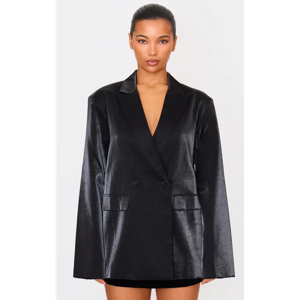 Black Satin Look Oversized Boxy Blazer