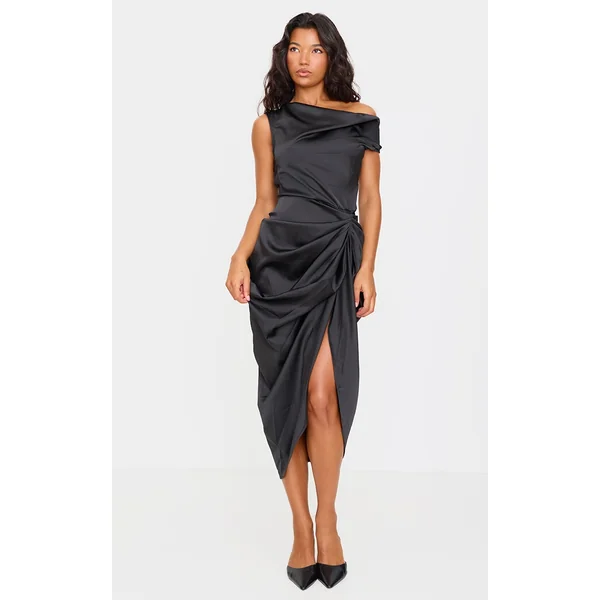 Black Satin Off The Shoulder Draped Skirt Midi Dress
