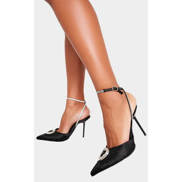 Black Satin Point Toe Diamante Heart Court Heels