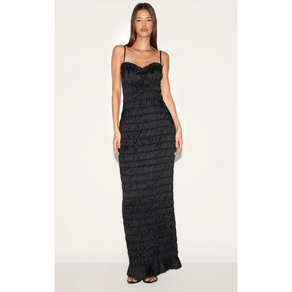 Black Satin Ruched Underwired Maxi Dress