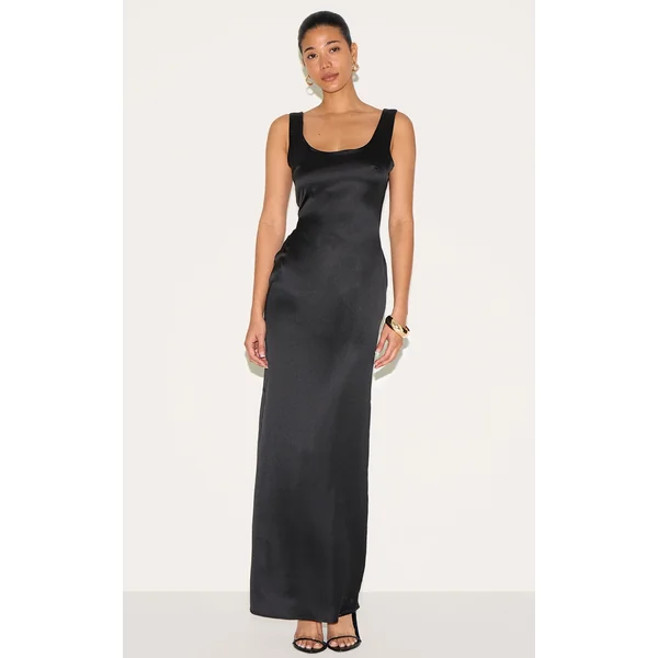 Black Satin Scoop Neck Maxi Dress