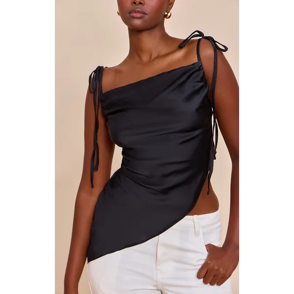 Black Satin Sheer Asymmetric Cami