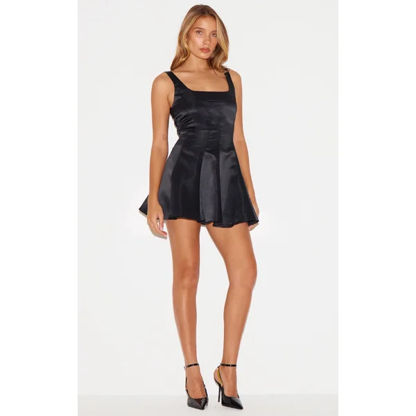 Black Satin Square Neck Pleated Shift Dress