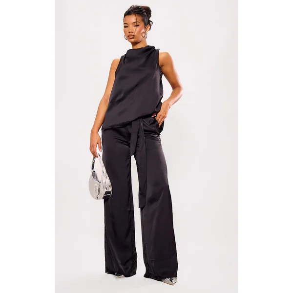 Black Satin Tailored Belted Wide Leg Pants