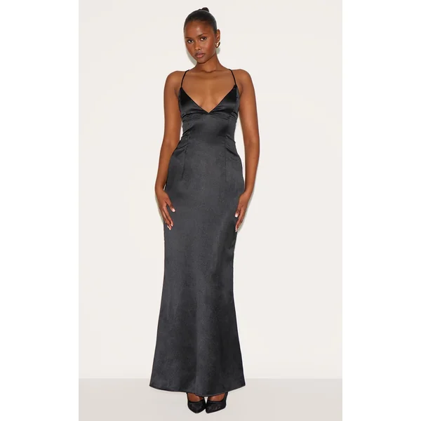 Black Satin Tie Back Maxi Dress