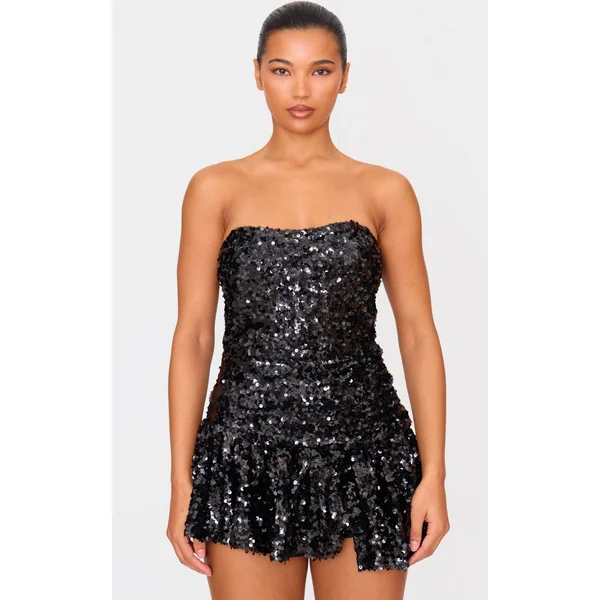 Black Sequin Bandeau Pleated Skort Romper