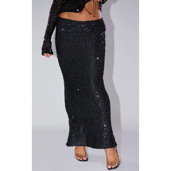 Black Sequin Embellished Low Rise Drapey Maxi Skirt