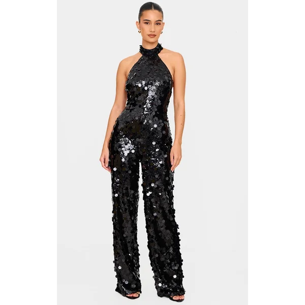 Black Sequin Halterneck Straight Leg Jumpsuit