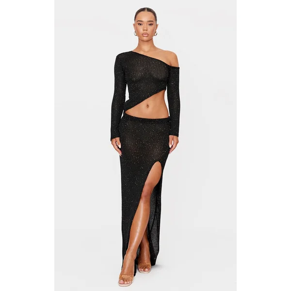 Black Sequin Knit Side Split Maxi Skirt